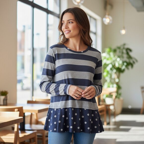 E. Luna Knit Pullover Stripe and Polka Dot Peplum Hem Top, NEW! Size 3X - Picture 2 of 7